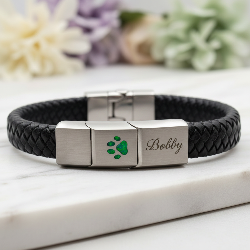 Stainless Steel, Leather Paw Print Bracelet